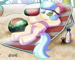 Size: 2656x2125 | Tagged: safe, artist:lars99, derpibooru import, coco pommel, zephyr breeze, 2016, beach, beach chair, bikini, clothes, cropped, duo, female, food, mare, relaxing, signature, solo, solo focus, spool, summer, sunglasses, suntan lotion, swimsuit, watermelon