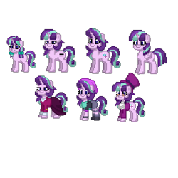 Size: 500x500 | Tagged: safe, derpibooru import, snowfall frost, starlight glimmer, pony, unicorn, age progression, beanie, clothes, equal cutie mark, female, filly, glasses, hat, multeity, older, older starlight glimmer, pixel art, self ponidox, simple background, skirt, suit, top hat, transparent background, younger