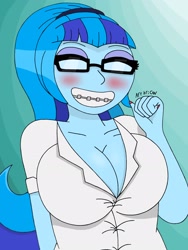 Size: 1932x2576 | Tagged: safe, artist:c_w, derpibooru import, sonata dusk, equestria girls, blushing, braces, breasts, cleavage, eyelashes, eyes closed, eyeshadow, glasses, makeup, nail polish, nerd, smiling, sonata bust, tight clothing