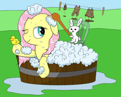 Size: 2000x1600 | Tagged: safe, artist:amateur-draw, derpibooru import, angel bunny, fluttershy, pegasus, pony, 90s grunge fluttershy, baseball cap, bathtub, brushing, bubble, cap, clothes, female, hat, mare, mud, one eye closed, rubber duck, shirt, simple background, skirt, solo, wet, wet mane