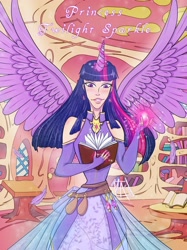 Size: 1280x1708 | Tagged: safe, artist:ladyadalicia, derpibooru import, twilight sparkle, human, book, golden oaks library, humanized, solo