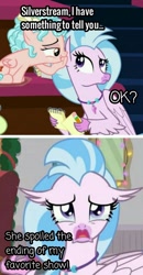 Size: 837x1607 | Tagged: safe, derpibooru import, edit, edited screencap, screencap, cozy glow, silverstream, pegasus, pony, crying, pure concentrated unfiltered evil of the utmost potency, pure unfiltered evil, sad