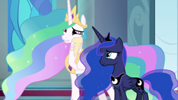 Size: 1920x1080 | Tagged: safe, derpibooru import, screencap, princess celestia, princess luna, alicorn, pony, the ending of the end, crown, female, horn, jewelry, mare, regalia, siblings, sisters