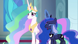 Size: 1920x1080 | Tagged: safe, derpibooru import, screencap, princess celestia, princess luna, alicorn, pony, the ending of the end, crown, female, horn, jewelry, mare, regalia, siblings, sisters