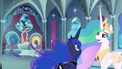 Size: 1920x1080 | Tagged: safe, derpibooru import, screencap, princess celestia, princess luna, spike, twilight sparkle, twilight sparkle (alicorn), alicorn, dragon, pony, the ending of the end, throne, throne room, winged spike