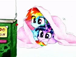 Size: 3069x2301 | Tagged: safe, artist:liaaqila, derpibooru import, rainbow dash, twilight sparkle, unicorn twilight, pegasus, pony, unicorn, book, commission, female, lesbian, shipping, traditional art, twidash