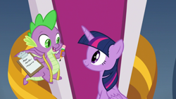 Size: 1920x1080 | Tagged: safe, derpibooru import, screencap, spike, twilight sparkle, twilight sparkle (alicorn), alicorn, dragon, the ending of the end, measuring tape, pencil, winged spike