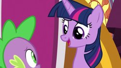 Size: 1920x1080 | Tagged: safe, derpibooru import, screencap, spike, twilight sparkle, twilight sparkle (alicorn), alicorn, dragon, the ending of the end, throne, winged spike