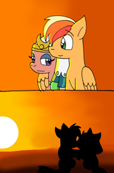 Size: 1068x1616 | Tagged: safe, artist:cmara, derpibooru import, somnambula, oc, oc:asteroid angus, pegasus, pony, 2 panel comic, bedroom eyes, canon x oc, clothes, comic, crown, eyeshadow, female, hug, jewelry, kissing, makeup, male, mare, multicolored hair, regalia, shipping, stallion, straight, sunset, winghug