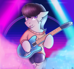 Size: 3128x2914 | Tagged: safe, artist:legionsunite, derpibooru import, octavia melody, earth pony, pony, semi-anthro, :p, clothes, compression shorts, electric guitar, female, gradient background, guitar, high res, mare, musical instrument, out of character, solo, stage, stage light, sweater, tongue out