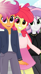 Size: 1080x1920 | Tagged: safe, artist:sallyso, derpibooru import, apple bloom, scootaloo, sweetie belle, equestria girls, alternate hairstyle, apple bloom's bow, belt, bow, clothes, cloud, cutie mark crusaders, female, grin, hair bow, hoodie, jacket, jeans, leather jacket, male, older, older apple bloom, older cmc, older scootaloo, older sweetie belle, open mouth, pants, shirt, skirt, sky, smiling, spiked wristband, t-shirt, trans boy, transgender, wristband