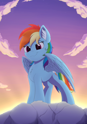 Size: 2800x4000 | Tagged: safe, artist:arcane-thunder, derpibooru import, rainbow dash, pegasus, pony, :3, ear fluff, female, high res, majestic, mare, smiling, solo, sunset