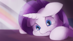 Size: 2560x1440 | Tagged: safe, artist:lexiedraw, derpibooru import, rarity, pony, unicorn, canterlot boutique, colored lights, sad, scene interpretation, solo, squishy cheeks