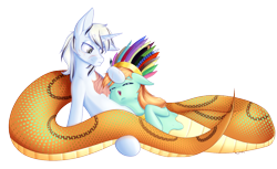 Size: 1916x1169 | Tagged: safe, artist:cha-squared, derpibooru import, oc, oc only, oc:chieftess muyal, oc:yiazmat, lamia, original species, snake, snake pony, unicorn, cute, duo, feather, female, hairdress, jewelry, male, necklace, scar, simple background, smiling, snuggling, transparent background