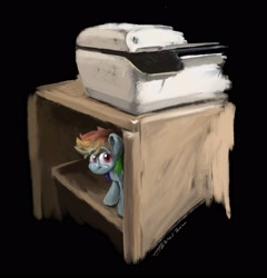 Size: 3230x3367 | Tagged: safe, artist:th3ipodm0n, derpibooru import, rainbow dash, pegasus, pony, black background, female, looking at you, mare, printer, shelf, simple background, smiling, solo