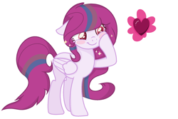 Size: 1826x1222 | Tagged: safe, artist:blurryface213, artist:klewgcg, derpibooru import, oc, oc only, oc:blossoming heart, pegasus, pony, base used, blush sticker, blushing, colored pupils, female, floppy ears, heart, mare, pegasus oc, simple background, smiling, solo, white background, wings