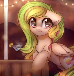 Size: 2220x2271 | Tagged: safe, artist:reterica, derpibooru import, oc, oc only, oc:fruity extra, pegasus, pony, chest fluff, cocktail, cocktail glass, commission, eye clipping through hair, female, food, lemon, mare, smiling, solo, string lights, ych result