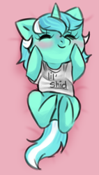 Size: 2203x3874 | Tagged: safe, artist:fluffleart, derpibooru import, lyra heartstrings, unicorn, blushing, clothes, cute, eyes closed, high res, hnnng, l.u.l.s., lying down, lyrabetes, on back, shirt, solo, t-shirt