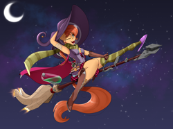 Size: 3900x2900 | Tagged: dead source, safe, artist:skitsroom, derpibooru import, oc, oc only, oc:rusty gears, anthro, pony, anthro oc, boots, broom, bubble helmet, clothes, clothing theft, crescent moon, female, flying, flying broomstick, halloween, hat, high heel boots, high heels, high res, holiday, mare, moon, scarf, shoes, slippers, sock, socks, solo, space helmet, striped socks, witch, witch hat