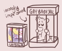 Size: 1089x893 | Tagged: safe, derpibooru import, derpy hooves, oc, pegasus, pony, eyes closed, female, gay baby jail, jail, mare, op is a cuck, op is trying to start shit, partial color