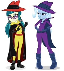 Size: 796x879 | Tagged: safe, artist:punzil504, derpibooru import, editor:thomasfan45, juniper montage, mare do well, trixie, human, equestria girls, angry, belt, boots, cape, clothes, cosplay, costume, crossover, darkwing duck, disney, ducktales, duo, duo female, female, gloves, gritted teeth, hand on hip, hat, negaduck, negamare, pigtails, shoes, simple background, smug, twintails, utility belt, vector, white background