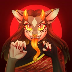 Size: 4096x4096 | Tagged: safe, artist:helemaranth, derpibooru import, oc, oc only, oc:helemaranth, anthro, demon, demon pony, original species, bust, clothes, female, horns, nail polish, nose piercing, nose ring, piercing, sharp teeth, solo, teeth, tongue out