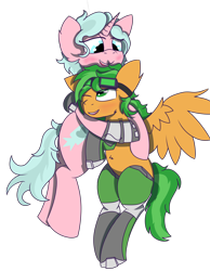 Size: 3500x4500 | Tagged: safe, artist:plone, derpibooru import, oc, oc only, oc:atom smasher, oc:candy chip, cyborg, pegasus, unicorn, the sunjackers, cuddling, female, goggles, hug, lesbian, prosthetics, simple background, transparent background