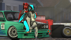 Size: 4096x2304 | Tagged: safe, artist:glitchwithahat, derpibooru import, oc, oc only, oc:glitch, oc:runic, anthro, bat pony, 3d, anthro oc, bat pony oc, bat wings, car, clothes, socks, source filmmaker, stance, thigh highs, wings