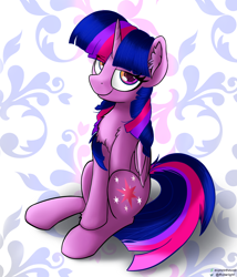 Size: 1564x1829 | Tagged: safe, artist:exploretheweb, derpibooru import, twilight sparkle, twilight sparkle (alicorn), alicorn, pony, abstract background, chest fluff, ear fluff, female, mare, sitting, smug, solo