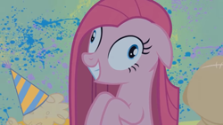 Size: 1366x768 | Tagged: safe, derpibooru import, screencap, pinkie pie, earth pony, pony, party of one, bipedal, crazy face, cross-eyed, derp, faic, female, floppy ears, hat, losing my mind, mare, party hat, pinkamena diane pie, solo