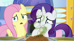 Size: 1920x1080 | Tagged: safe, derpibooru import, screencap, fluttershy, rarity, pegasus, pony, unicorn, the ending of the end, bag, duo, food, gagging, potato, saddle bag, shrunken pupils, smelly