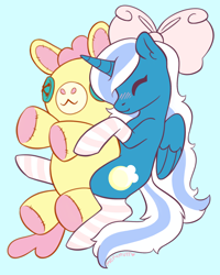 Size: 1586x1978 | Tagged: safe, artist:merimutt, derpibooru import, oc, oc:fleurbelle, alicorn, alicorn oc, blue background, blushing, bow, clothes, cute, eyes closed, female, hair bow, horn, mare, simple background, socks, striped socks, toy, wings