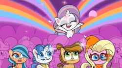 Size: 1669x931 | Tagged: safe, derpibooru import, screencap, buttershy, fancypants, potion nova, pony, my little pony: pony life, sportacular spectacular musical musak-ular, spoiler:pony life s01e46, rainbow, treehouse logo, unnamed character, unnamed pony, we shine brighter together