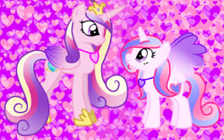 Size: 924x575 | Tagged: safe, artist:pokeloidpachiviray, derpibooru import, princess cadance, oc, oc:sweet melody, alicorn, pony, alicorn oc, duo, duo female, female, horn, similarities, wings