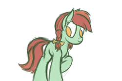 Size: 1500x1000 | Tagged: safe, artist:ahorseofcourse, candy apples, earth pony, pony, braid, cute, female, mare, one hoof raised, pigtails, raised hoof, simple background, solo, twin braids, white background