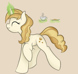 Size: 786x754 | Tagged: safe, artist:ahorseofcourse, sweet biscuit, pony, unicorn, cookie, cute, eyes closed, female, levitation, mare, raised hoof, simple background, smiling, solo, teacup, telekinesis