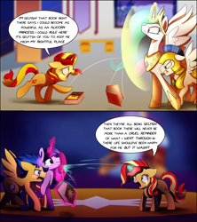 Size: 1000x1125 | Tagged: safe, artist:little-tweenframes, derpibooru import, flash sentry, sunset shimmer, twilight sparkle, twilight sparkle (alicorn), alicorn, pony, unicorn, book, crying, deleted from derpibooru, glowing horn, open mouth, royal guard, scene interpretation, tantrum, throwing