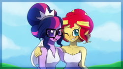 Size: 1280x720 | Tagged: safe, artist:little-tweenframes, derpibooru import, sci-twi, sunset shimmer, twilight sparkle, series:sciset diary, equestria girls, alternate hairstyle, blushing, breasts, cleavage, clothes, deleted from derpibooru, dress, female, gay wedding, glasses, lesbian, looking at you, marriage, one eye closed, scitwishimmer, shipping, smiling, sunsetsparkle, wedding, wedding dress, wink