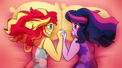 Size: 1280x720 | Tagged: safe, artist:little-tweenframes, derpibooru import, sci-twi, sunset shimmer, twilight sparkle, series:sciset diary, equestria girls, bed, blushing, deleted from derpibooru, eye contact, female, grin, holding hands, lesbian, lidded eyes, looking at each other, loose hair, on side, pillow, ring, scitwishimmer, shipping, smiling, sunsetsparkle, waking up, wedding ring