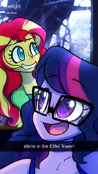 Size: 640x1136 | Tagged: safe, artist:little-tweenframes, derpibooru import, sci-twi, sunset shimmer, twilight sparkle, series:sciset diary, equestria girls, clothes, deleted from derpibooru, eiffel tower, female, glasses, lesbian, open mouth, paris, scitwishimmer, selfie, shipping, smiling, sunsetsparkle