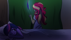 Size: 1280x720 | Tagged: safe, artist:little-tweenframes, derpibooru import, sci-twi, sunset shimmer, twilight sparkle, series:sciset diary, equestria girls, bed, clothes, curtains, deleted from derpibooru, female, lesbian, night, nightgown, one eye closed, rear view, resting, scitwishimmer, shipping, sunsetsparkle, this will end in snu snu, window