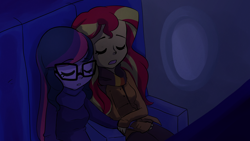 Size: 1280x720 | Tagged: safe, artist:little-tweenframes, derpibooru import, sci-twi, sunset shimmer, twilight sparkle, series:sciset diary, equestria girls, clothes, deleted from derpibooru, female, lesbian, plane, scitwishimmer, shipping, sleeping, sunsetsparkle, window