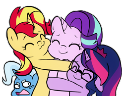 Size: 900x700 | Tagged: safe, artist:little-tweenframes, derpibooru import, sci-twi, starlight glimmer, sunset shimmer, trixie, twilight sparkle, pony, unicorn, series:sciset diary, :3, counterparts, cute, deleted from derpibooru, eyes closed, glasses, glimmerbetes, hug, magical quartet, ponified, shimmerbetes, simple background, smiling, starlight day, twiabetes, twilight's counterparts