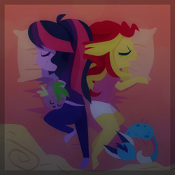 Size: 752x752 | Tagged: safe, artist:little-tweenframes, derpibooru import, princess ember, sci-twi, spike, spike the regular dog, sunset shimmer, twilight sparkle, cat, dog, series:sciset diary, equestria girls, bed, catified, clothes, cute, deleted from derpibooru, ember the cat, emberbetes, female, lesbian, lineless, pajamas, pillow, scitwishimmer, shimmerbetes, shipping, sleeping, species swap, spikabetes, sunsetsparkle, twiabetes