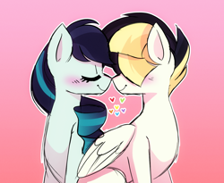 Size: 1000x818 | Tagged: safe, artist:little-tweenframes, derpibooru import, coloratura, songbird serenade, earth pony, pegasus, pony, my little pony: the movie, blushing, colorenade, crack shipping, deleted from derpibooru, eyes closed, female, gradient background, hair over eyes, heart, lesbian, mare, noseboop, shipping, smiling, white outline