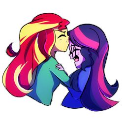 Size: 1000x1000 | Tagged: safe, artist:little-tweenframes, derpibooru import, sci-twi, sunset shimmer, twilight sparkle, series:sciset diary, equestria girls, alternate hairstyle, deleted from derpibooru, female, forehead kiss, lesbian, scitwishimmer, shipping, sunsetsparkle