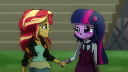 Size: 1280x720 | Tagged: safe, artist:little-tweenframes, derpibooru import, sci-twi, sunset shimmer, twilight sparkle, series:sciset diary, equestria girls, friendship games, clothes, crying, crystal prep academy uniform, deleted from derpibooru, female, holding hands, jacket, lesbian, necktie, school uniform, scitwishimmer, shipping, shirt, smiling, sunsetsparkle