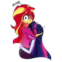 Size: 850x850 | Tagged: safe, artist:little-tweenframes, derpibooru import, sci-twi, sunset shimmer, twilight sparkle, series:sciset diary, equestria girls, boob smothering, clothes, deleted from derpibooru, female, hug, lesbian, looking at you, scitwishimmer, serious, serious face, shipping, simple background, smothering, spoilers in the comments, sunsetsparkle