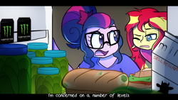 Size: 1280x720 | Tagged: safe, artist:little-tweenframes, derpibooru import, sci-twi, sunset shimmer, twilight sparkle, series:sciset diary, equestria girls, deleted from derpibooru, female, food, lesbian, monster energy, pickle, scitwishimmer, shipping, sunsetsparkle