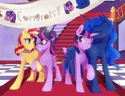 Size: 1500x1159 | Tagged: safe, artist:little-tweenframes, artist:silfoe, derpibooru import, princess luna, sci-twi, sunset shimmer, twilight sparkle, twilight sparkle (alicorn), alicorn, pony, unicorn, collaboration, series:sciset diary, equestria girls, banner, colored pupils, crossover, deleted from derpibooru, equestria girls ponified, eyes closed, female, glasses, group, holding hooves, hug, lesbian, mare, missing accessory, one eye closed, ponified, raised hoof, royal sketchbook, scitwishimmer, self ponidox, shipping, smiling, sunsetsparkle, twiluna, twolight, winghug